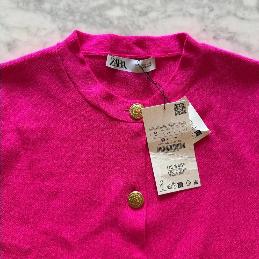 Zara Women’s Short Sleeve Knit Cardigan, Fuchsia, Size Small, NWT - Picture 3 of 3
